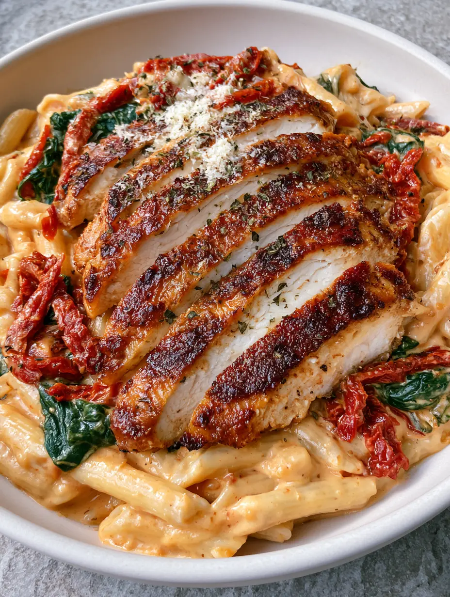 Close-up handheld smartphone photo of creamy Tuscan chicken pasta with caramelized chicken slices and wilted spinach in a matte white bowl. (One-Pot Tuscan Chicken Pasta)