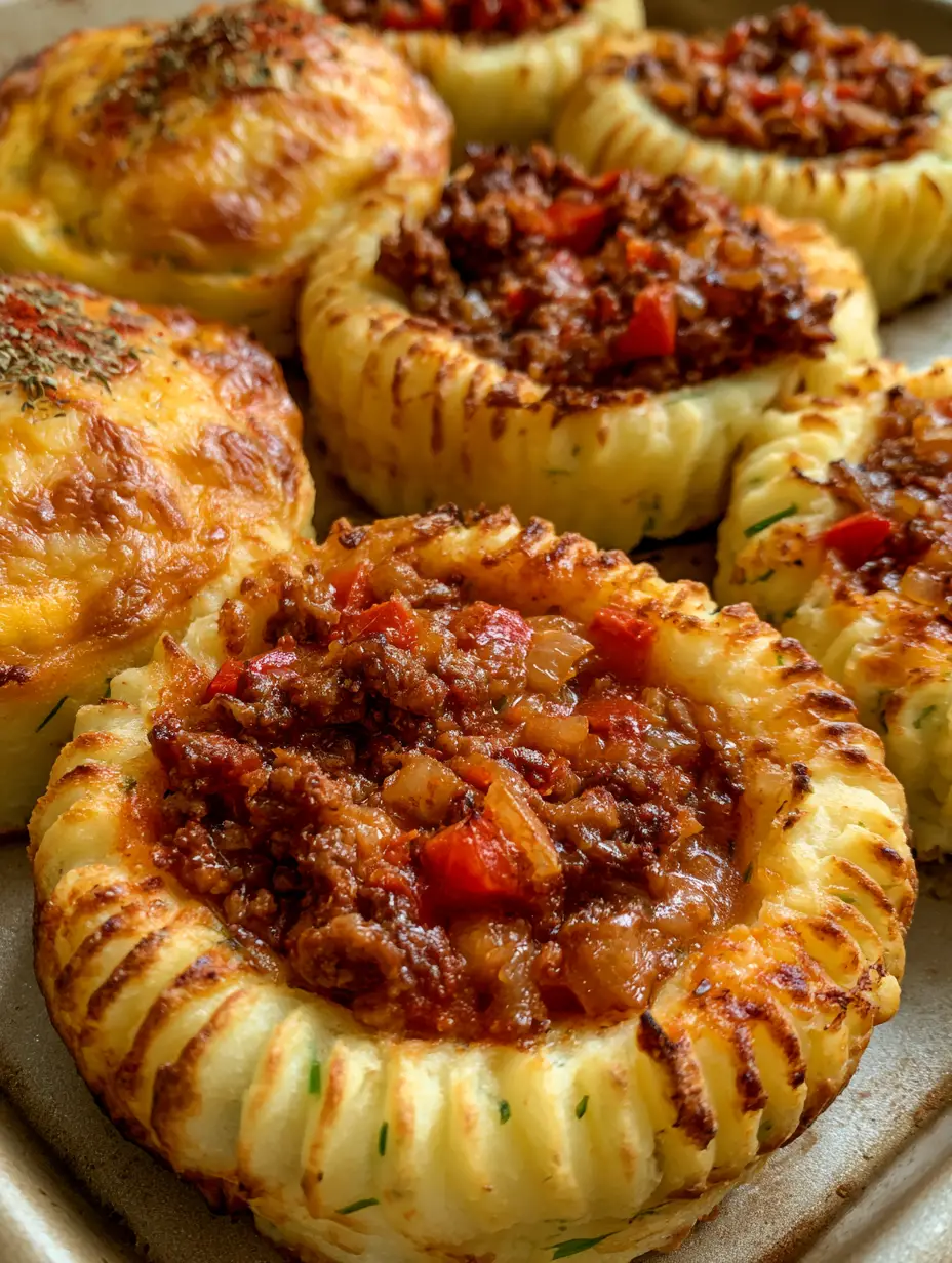 Stuffed Mashed Potato Nests: The Ultimate Crispy and Savory Comfort Food 3 Top-down view of several Stuffed Mashed Potato Nests showing the charred piped edges and the bubbling golden cheese topping.