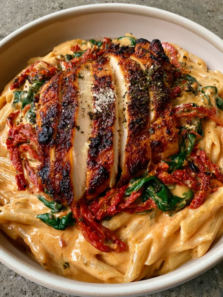 Wide shot of a rustic Tuscan pasta dish on a grey stone countertop, highlighting the vibrant red sun-dried tomatoes and green spinach. (One-Pot Tuscan Chicken Pasta)