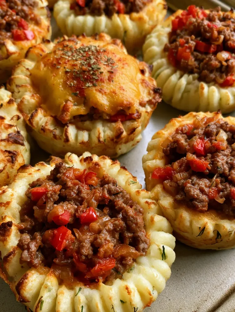 Stuffed Mashed Potato Nests: The Ultimate Crispy and Savory Comfort Food 1 Smartphone photo of a single Stuffed Mashed Potato Nest, highlighting the green dill flecks and the hearty beef filling with red bell peppers.