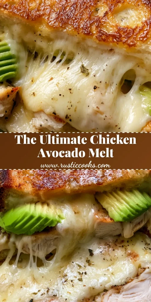 Chicken Avocado Melt: The Ultimate Gourmet Sourdough Sandwich 4 A gourmet Chicken Avocado Melt sandwich sliced in half, showing bubbling Monterey Jack cheese and fanned avocado on toasted sourdough.