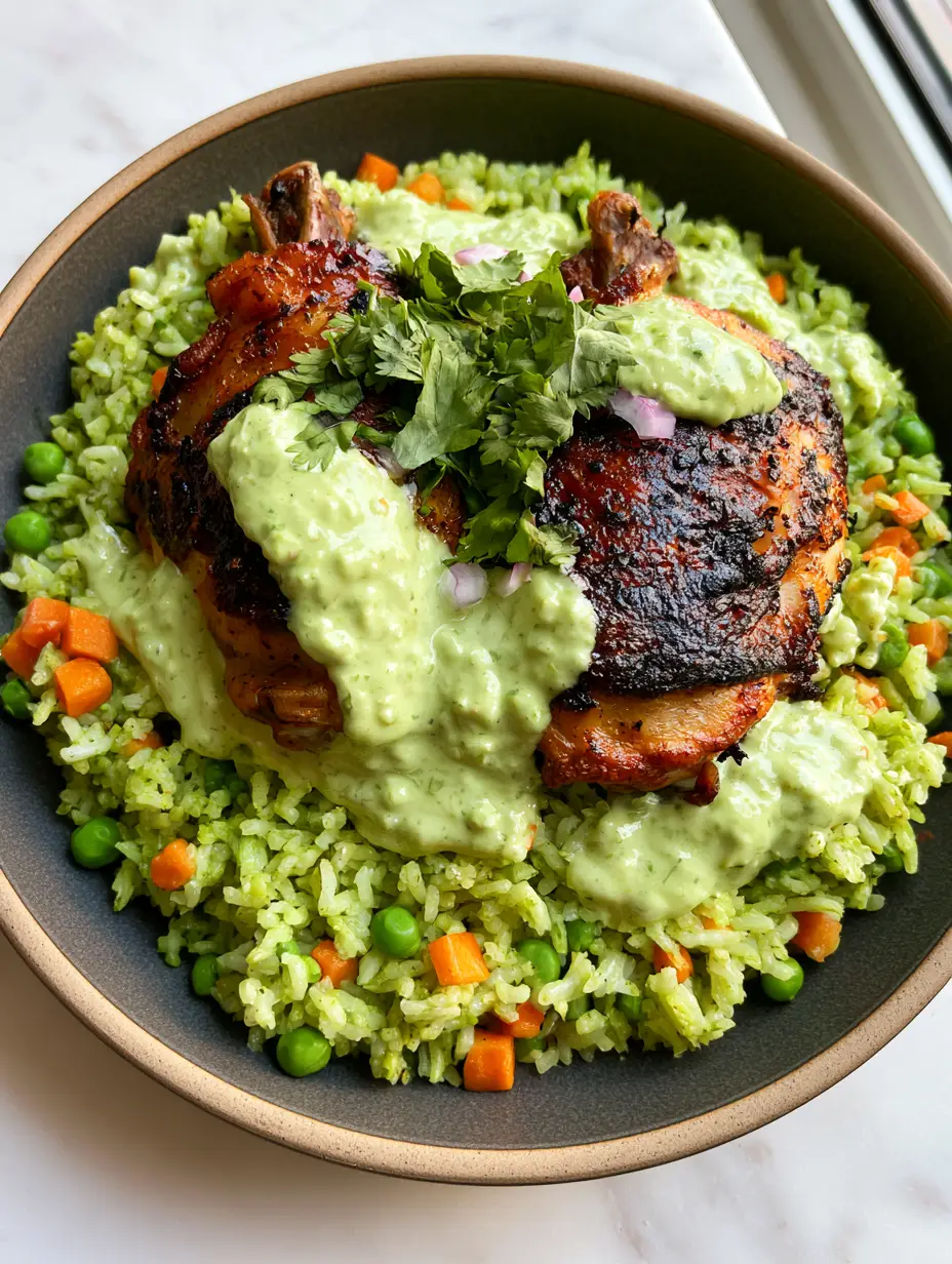 Peruvian Chicken and Rice with Creamy Aji Verde Sauce 4 Top-down view of Peruvian Chicken and Rice showing the vibrant green tint of the rice mixed with orange carrots and bright peas. (Peruvian Chicken and Rice)
