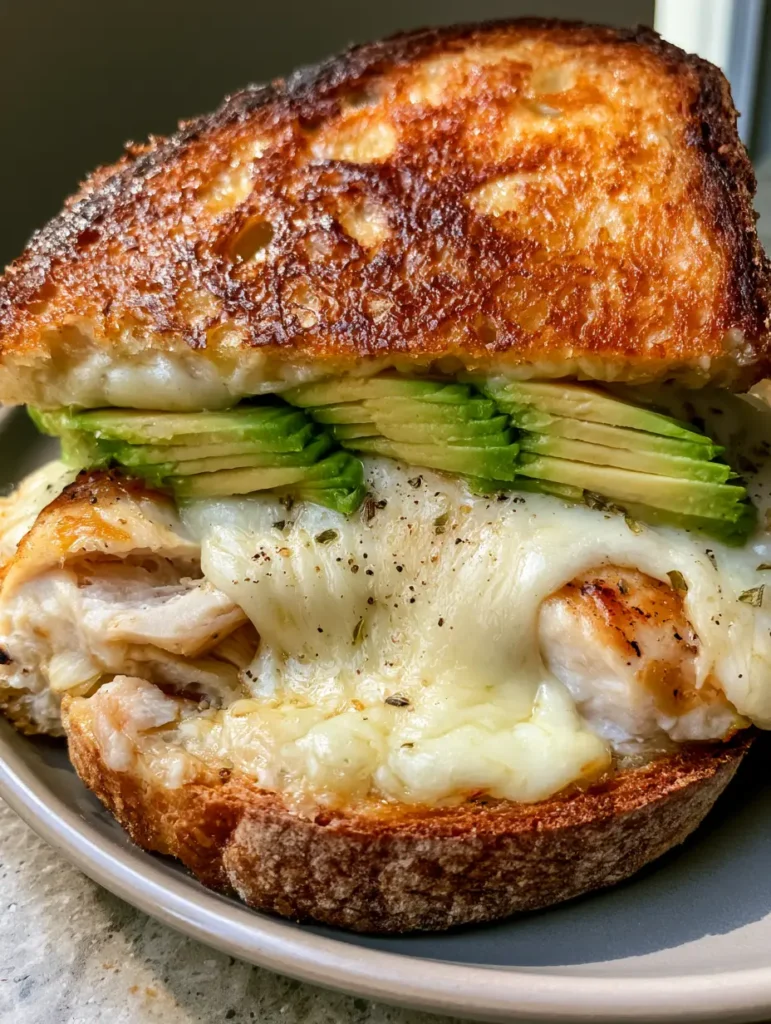Close-up of a Chicken Avocado Melt with visible buttery sheen on sourdough and melted cheese flakes of black pepper.