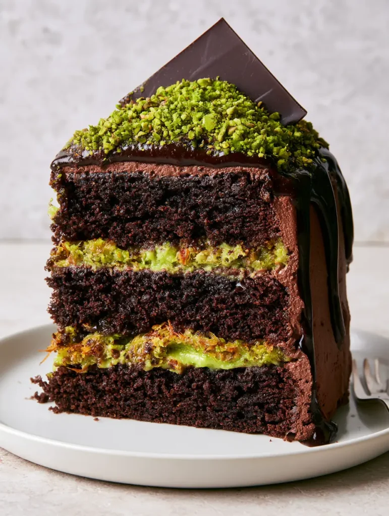 Dubai Chocolate Cake: The Ultimate Pistachio and Crispy Knafeh Masterpiece 2 Close-up of a Dubai Chocolate Cake slice showing the vibrant lime-green filling and golden-brown knafeh pastry. (Dubai Chocolate Cake)