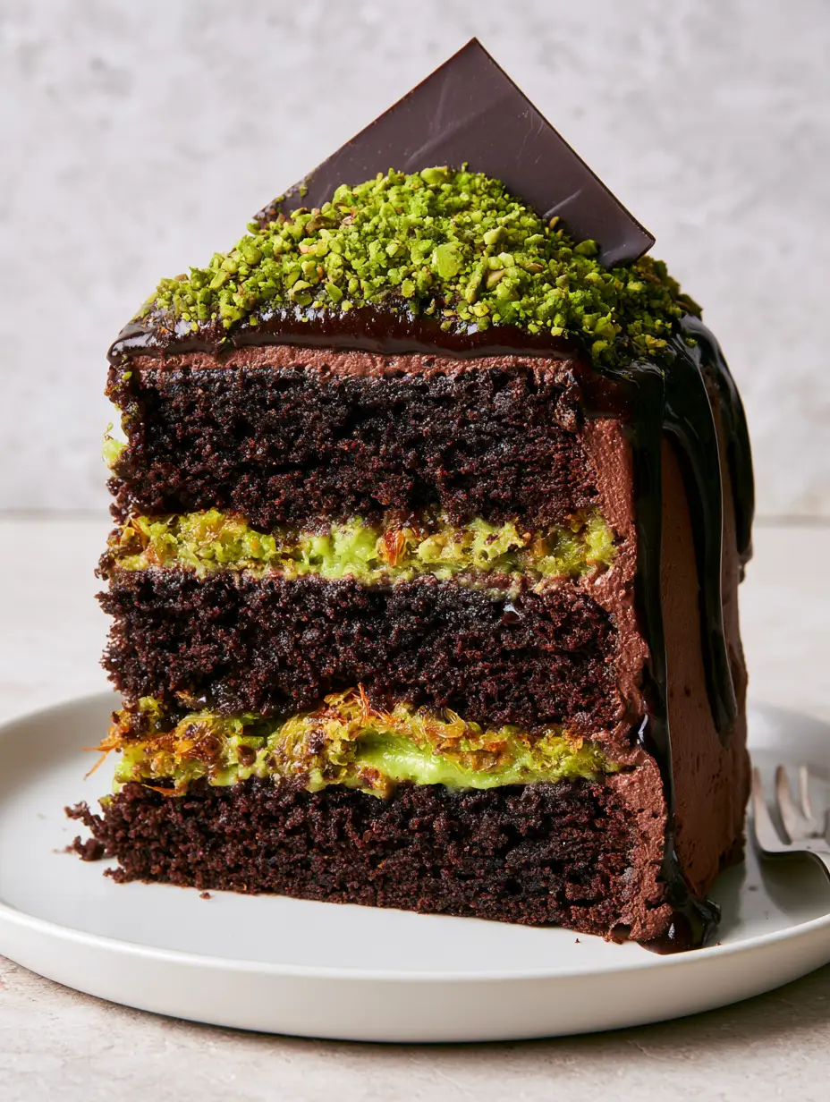 Dubai Chocolate Cake: The Ultimate Pistachio and Crispy Knafeh Masterpiece 3 Close-up of a Dubai Chocolate Cake slice showing the vibrant lime-green filling and golden-brown knafeh pastry. (Dubai Chocolate Cake)