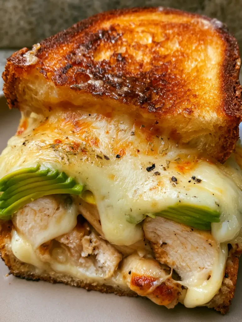Chicken Avocado Melt: The Ultimate Gourmet Sourdough Sandwich 1 A split Chicken Avocado Melt on a neutral plate, showcasing moist grilled chicken and bright green avocado slices.