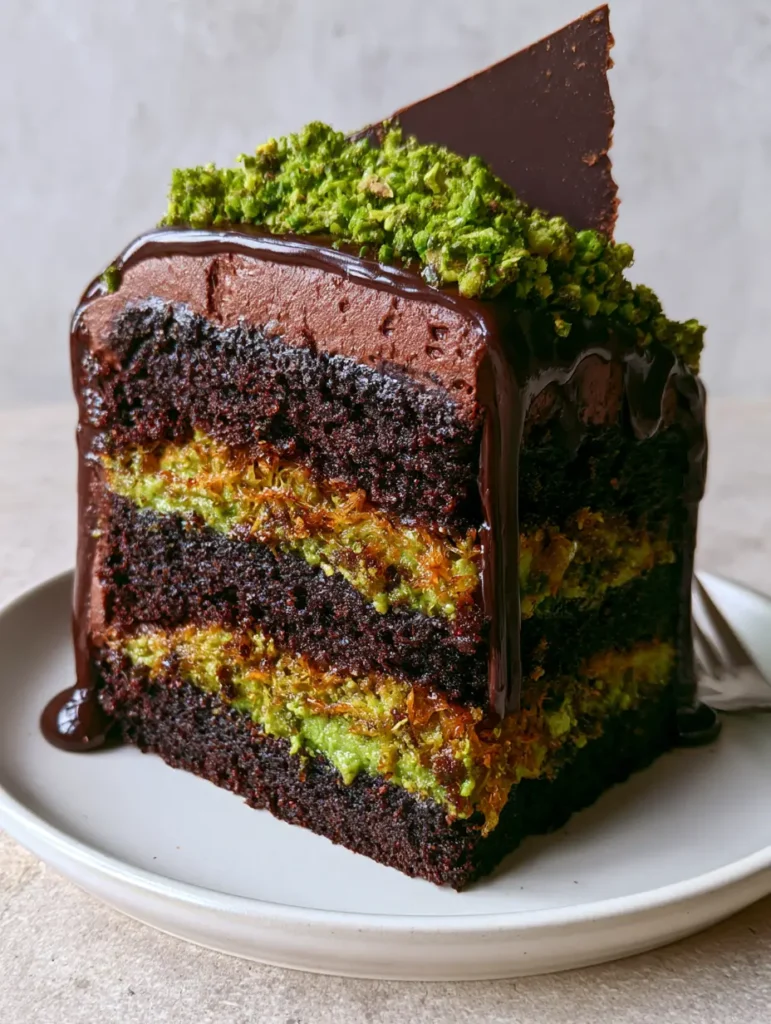 Dubai Chocolate Cake: The Ultimate Pistachio and Crispy Knafeh Masterpiece 1 A handheld smartphone photo of a Dubai Chocolate Cake slice with a glossy ganache drip and tempered chocolate shard.