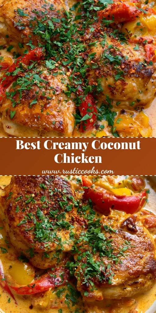 A shallow ceramic bowl of Creamy Coconut Milk Chicken with seared peppers, stewed tomatoes, and cilantro garnish on a grey stone surface.