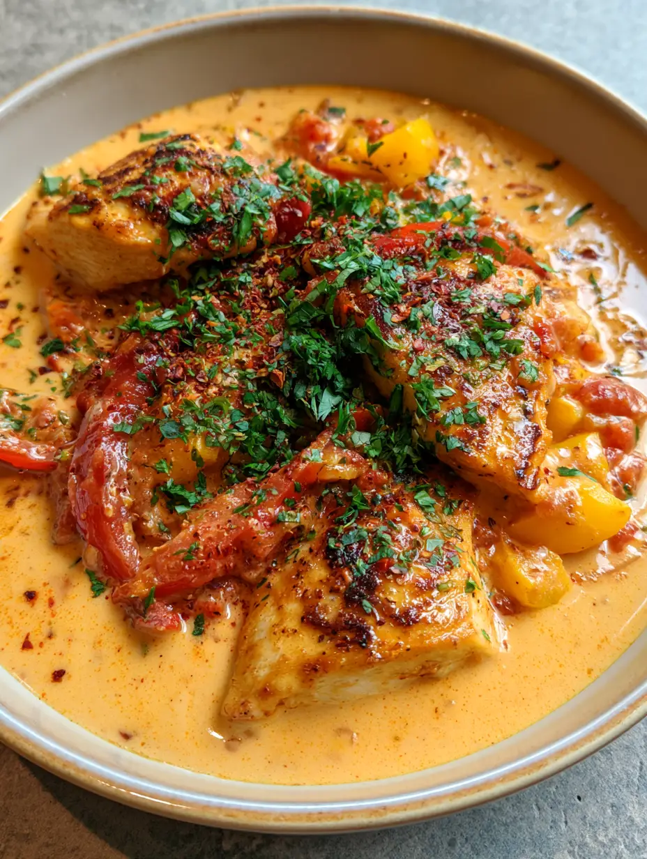 Close-up smartphone photo of Creamy Coconut Milk Chicken in a pale-orange sauce with visible red and yellow peppers.
