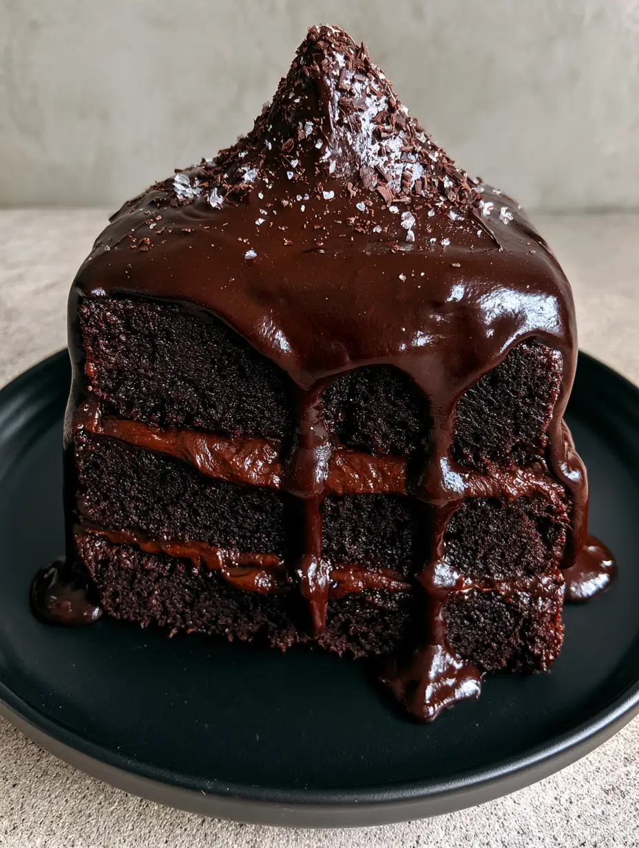 Side view of the Dark Chocolate Mount Doom Cake showing exceptionally dark moist layers and heavy ganache drips.