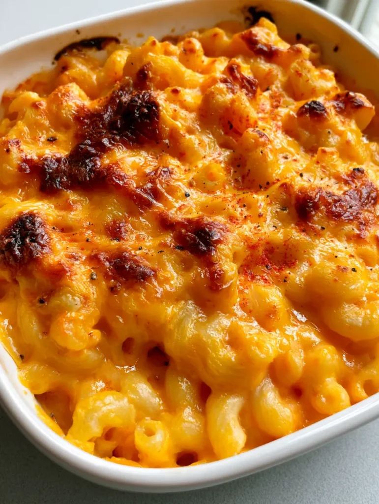 Top-down view of Baked Macaroni and Cheese showing the heavy blanket of melted sharp cheddar and flecks of black pepper.