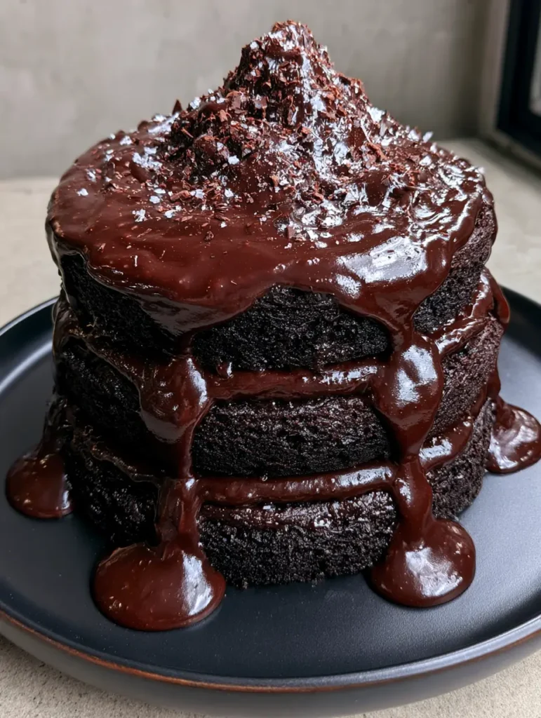 Top view of Dark Chocolate Mount Doom Cake showcasing the rustic craggy ganache peak and sea salt garnish.