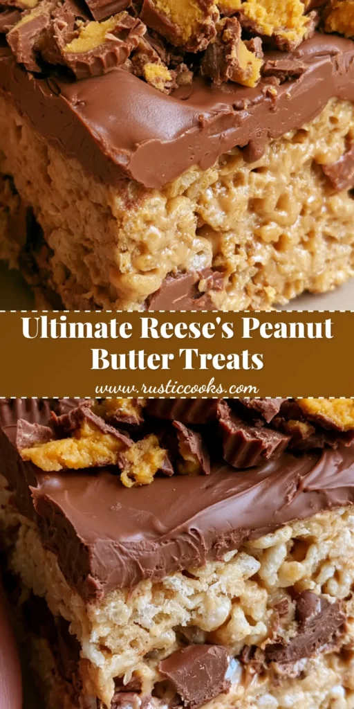 A close-up vertical shot of thick Reese's Peanut Butter Rice Krispie Treats featuring a glossy milk chocolate top and visible peanut butter cup chunks.
