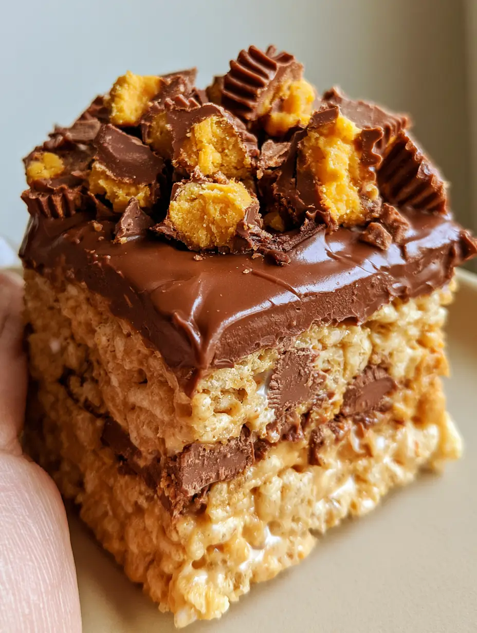 A hand holding a thick, square-cut Reese's Peanut Butter Rice Krispie Treat, showing the dense cereal base and thick chocolate topping. (Reese's Peanut Butter Rice Krispie Treats)