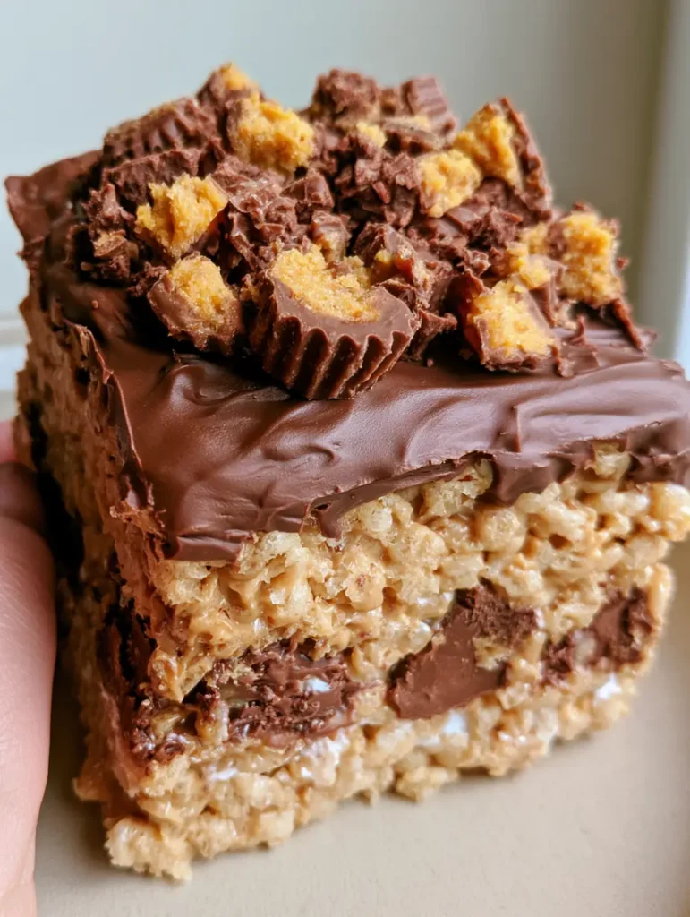 Reese's Peanut Butter Rice Krispie Treats placed on a neutral surface, showcasing the garnish of roughly chopped peanut butter cup pieces.
