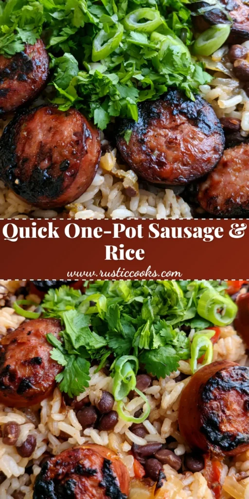One-Pot Black Beans and Rice with Sausage: The Ultimate 30-Minute Skillet Dinner 4 A rustic skillet filled with One-Pot Black Beans and Rice with Sausage, featuring charred sausage rounds and fresh cilantro garnish.