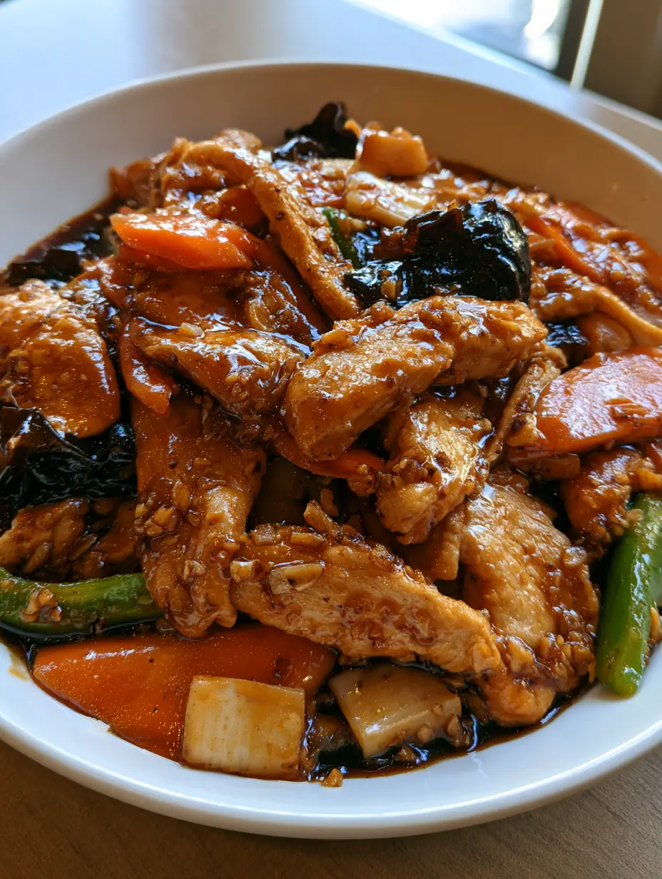 Slices of tender stir-fried chicken breast coated in a translucent dark brown garlic sauce with carrots and bell peppers. (Chicken in Garlic Sauce)