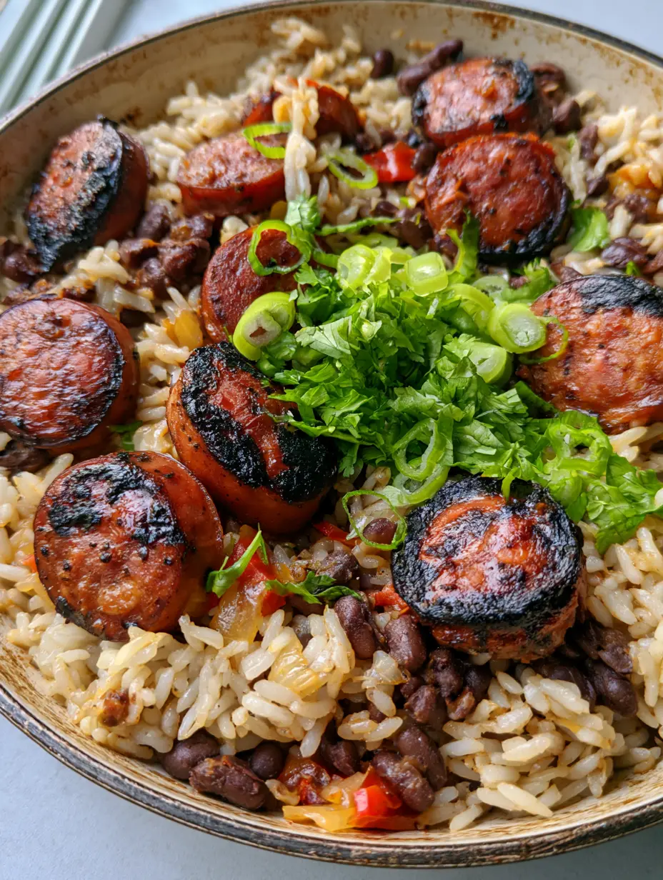 One-Pot Black Beans and Rice with Sausage: The Ultimate 30-Minute Skillet Dinner 3 Handheld smartphone photo of One-Pot Black Beans and Rice with Sausage in a skillet with soft natural light. (One-Pot Black Beans and Rice with Sausage)