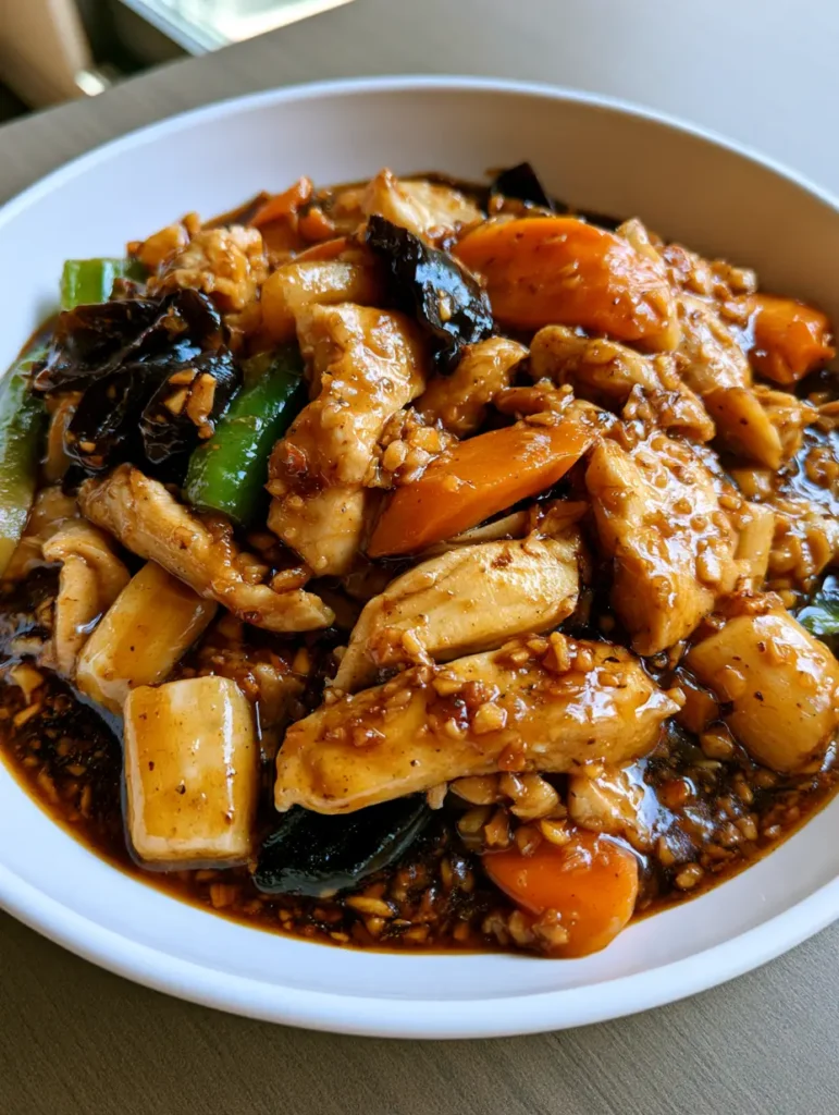 Close up of minced sautéed garlic flecks in a dark brown translucent sauce covering chicken and wood ear mushrooms.