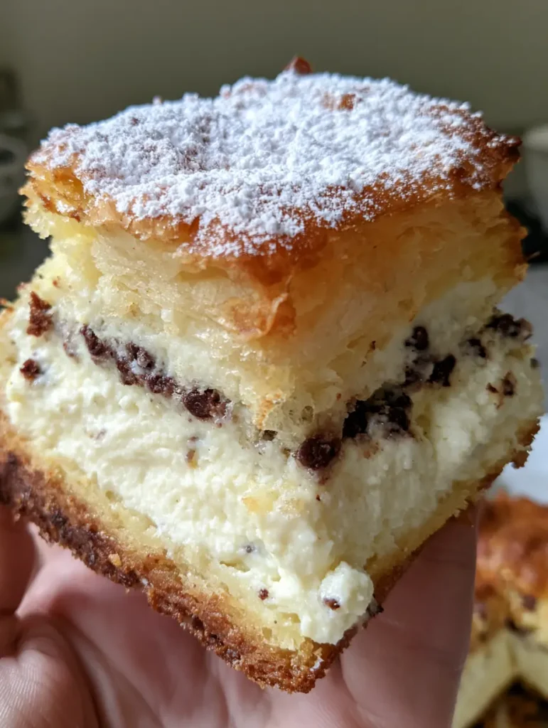 Ricotta Cannoli Squares: The Ultimate Flaky Italian Dessert Bars 1 A tray of golden-brown Ricotta Cannoli Squares heavily dusted with powdered sugar in a kitchen setting.