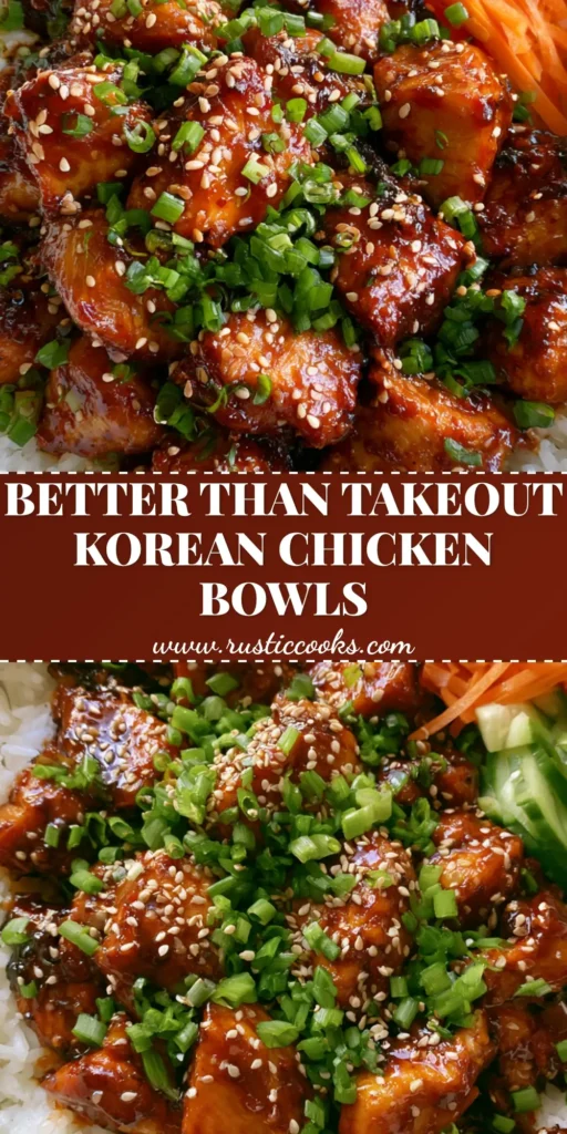 A top-down view of a Korean BBQ Chicken Bowl featuring glazed chicken, jasmine rice, carrots, and cucumbers. (Korean BBQ Chicken Bowls)