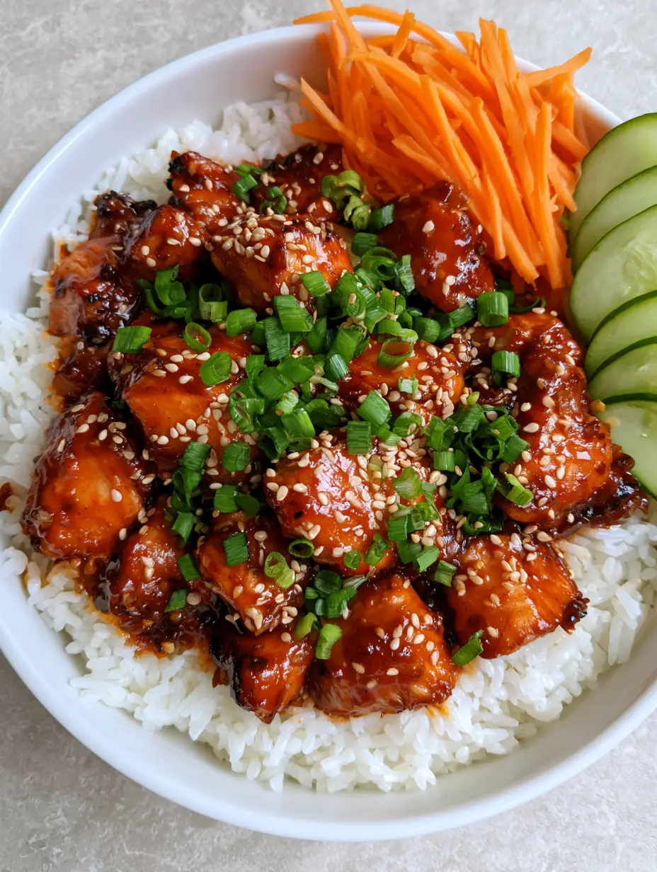 Close up shot of mahogany glazed chicken chunks with sesame seeds and scallions in a white bowl. (Korean BBQ Chicken Bowls)
