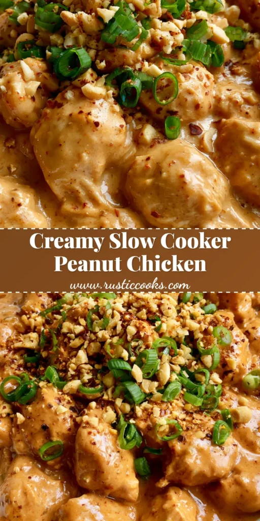 Slow Cooker Peanut Chicken with a Creamy Satay-Style Sauce 3 A handheld smartphone photo of Slow Cooker Peanut Chicken in a white bowl with glossy sauce, crushed peanuts, and green onions.