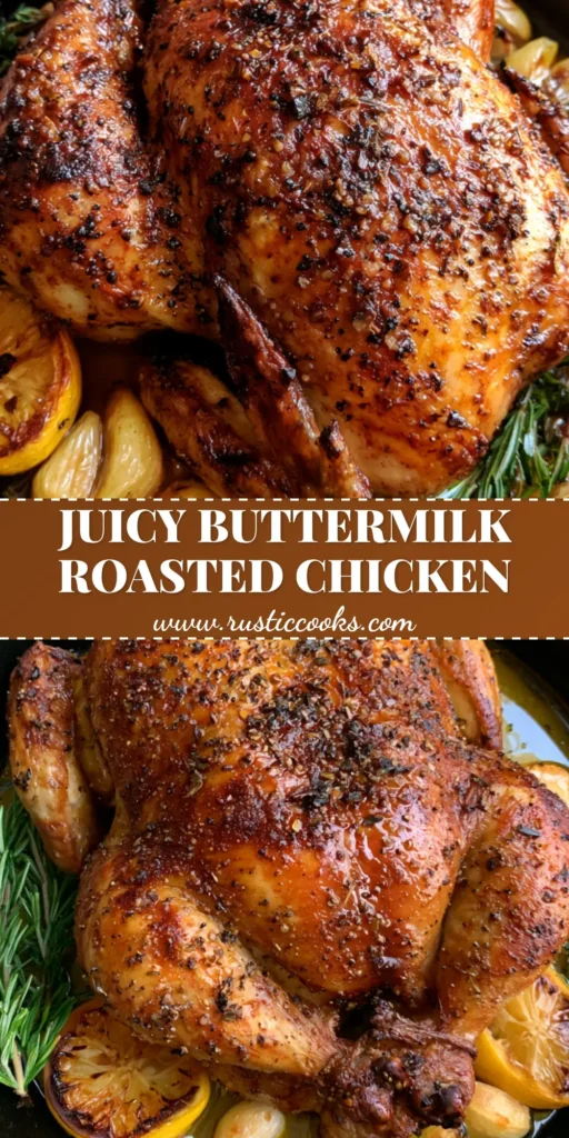A centrally positioned Buttermilk Whole Roasted Chicken in a cast iron skillet with crispy mahogany skin and cracked black pepper.