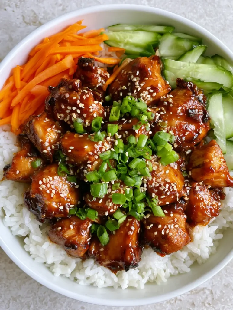 Plated Korean BBQ Chicken Bowl with neat sections of julienned carrots and sliced cucumbers. (Korean BBQ Chicken Bowls)
