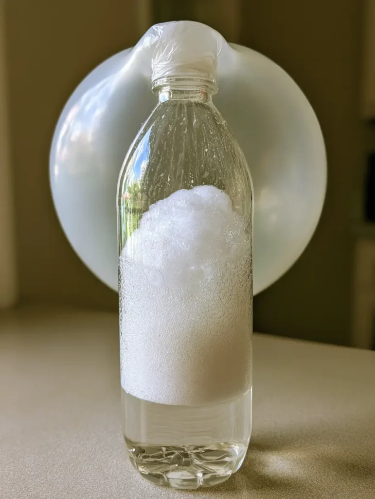 Baking Soda Balloon Experiment: How to Inflate a Balloon with Science 2 Detailed view of white baking soda reacting with vinegar in a bottle, creating dense fizzy foam and active carbon dioxide bubbles. (Baking Soda Balloon Experiment)