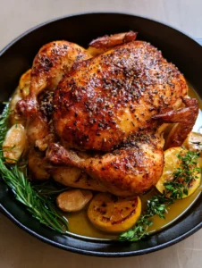 Overhead view of a Buttermilk Whole Roasted Chicken with charred lemons and fresh herbs in a black skillet.