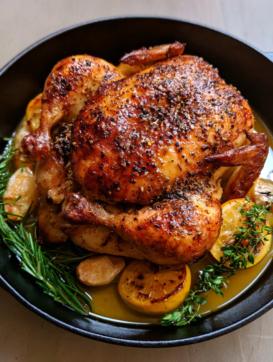 Overhead view of a Buttermilk Whole Roasted Chicken with charred lemons and fresh herbs in a black skillet.