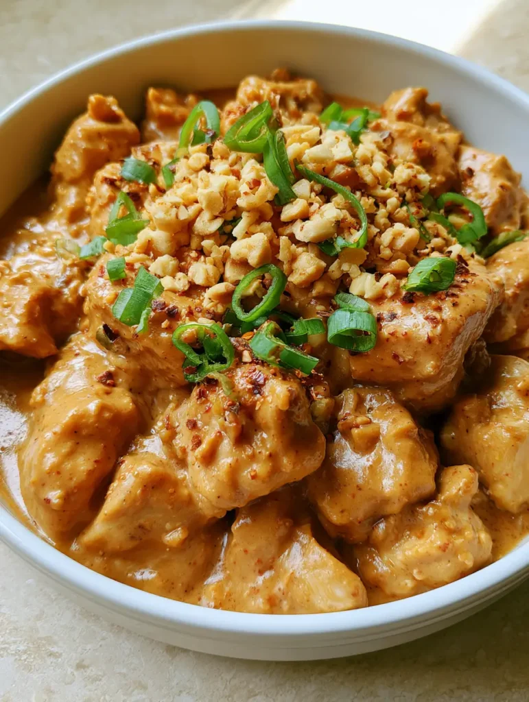 Slow Cooker Peanut Chicken with a Creamy Satay-Style Sauce 1 Close-up of tender chicken chunks coated in peanut sauce with vibrant green scallions and red pepper flakes.