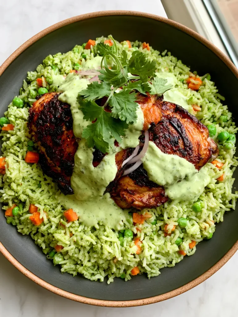 Peruvian Chicken and Rice with Creamy Aji Verde Sauce 1 Close-up of seared bone-in chicken thighs with char marks resting on green rice with a drizzle of Aji Verde sauce.