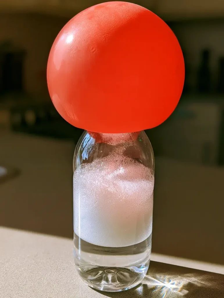 Baking Soda Balloon Experiment: How to Inflate a Balloon with Science 1 A vibrant latex balloon stretched over a clear bottle on a neutral kitchen counter during the Baking Soda Balloon Experiment.