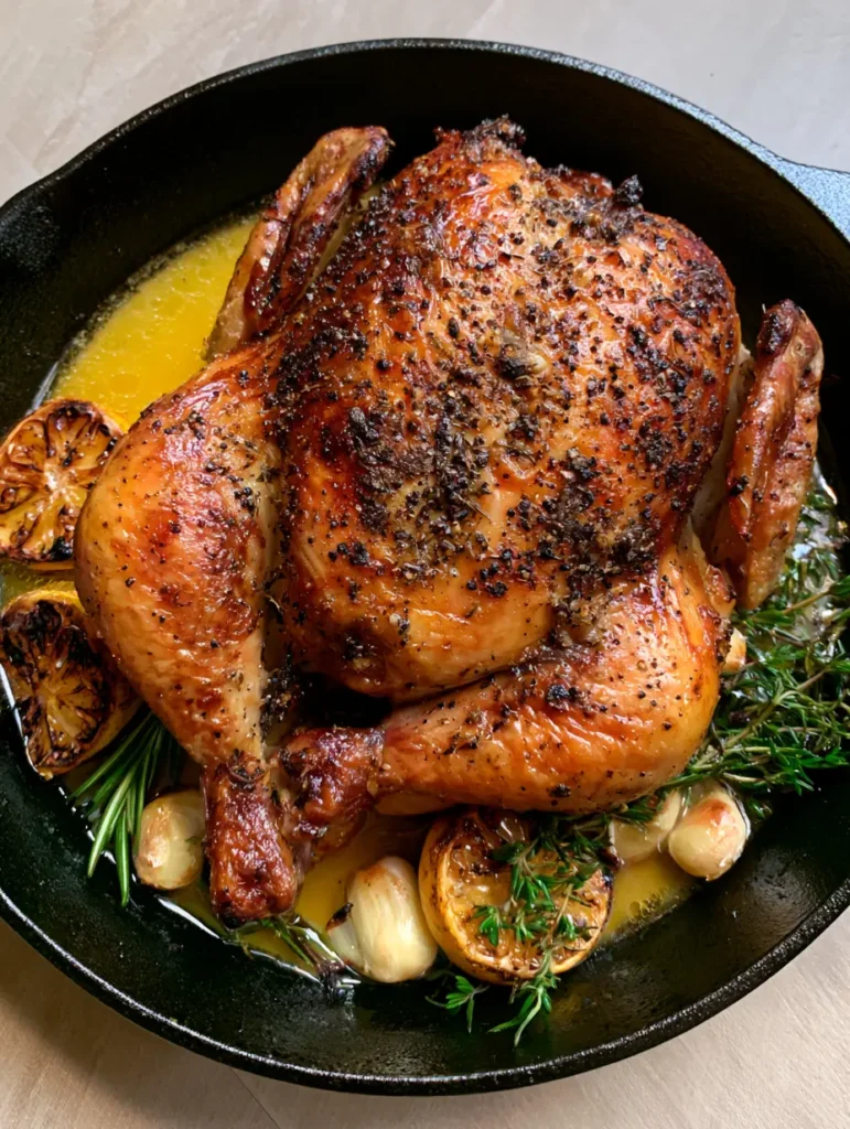 Close up of glistening crispy skin on a Buttermilk Whole Roasted Chicken with visible herb flakes.