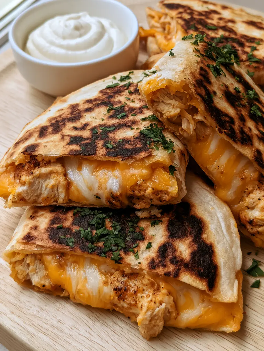 Top-down handheld photo of several sliced flour quesadilla triangles on a light wooden board. (Easy Chicken Quesadilla Recipe)