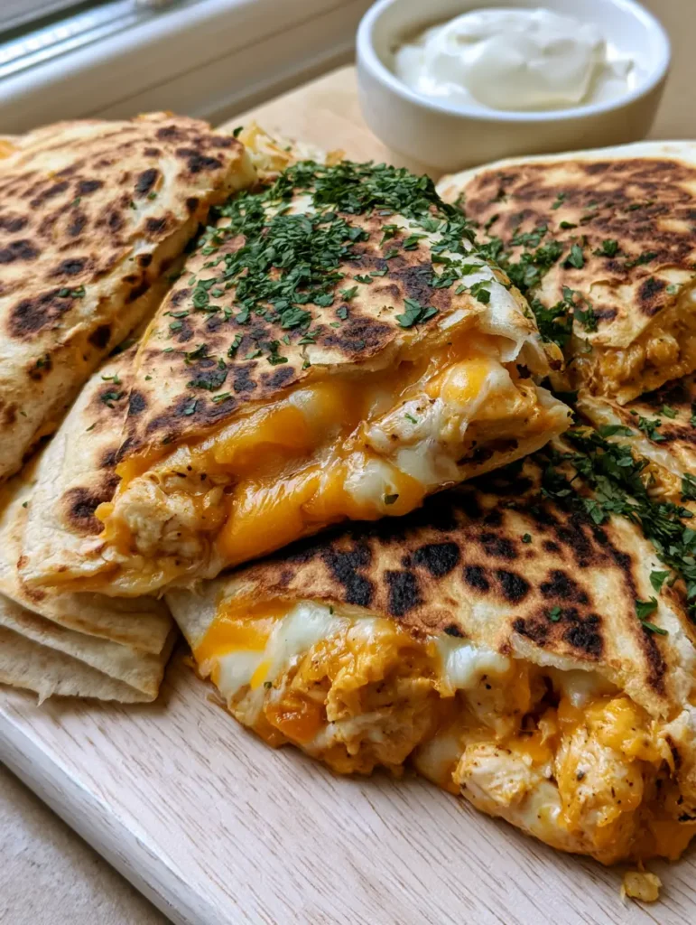 Close-up of a chicken quesadilla cross-section with melted orange and white cheese and shredded chicken.