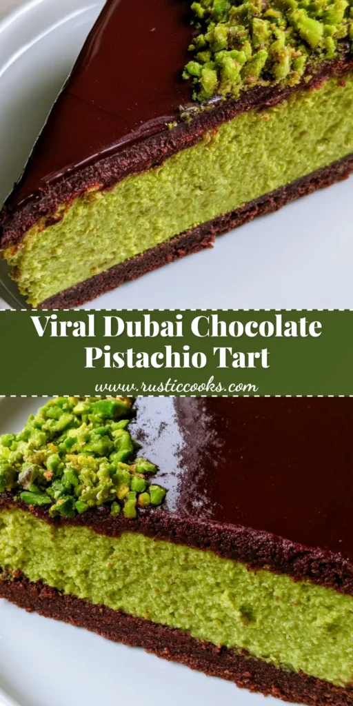 Chocolate Pistachio Tart with a Crisp Cocoa Crust and Glossy Ganache 3 A close-up slice of Chocolate Pistachio Tart featuring a dark cocoa crust, vibrant lime-green pistachio cream, and glossy dark chocolate ganache on a white plate.