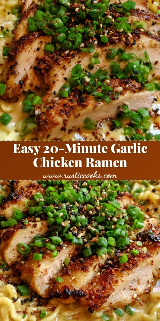 A deep ceramic bowl of Chicken Ramen Garlic Sauce with wavy noodles, pale-gold sauce, and crispy chicken slices.