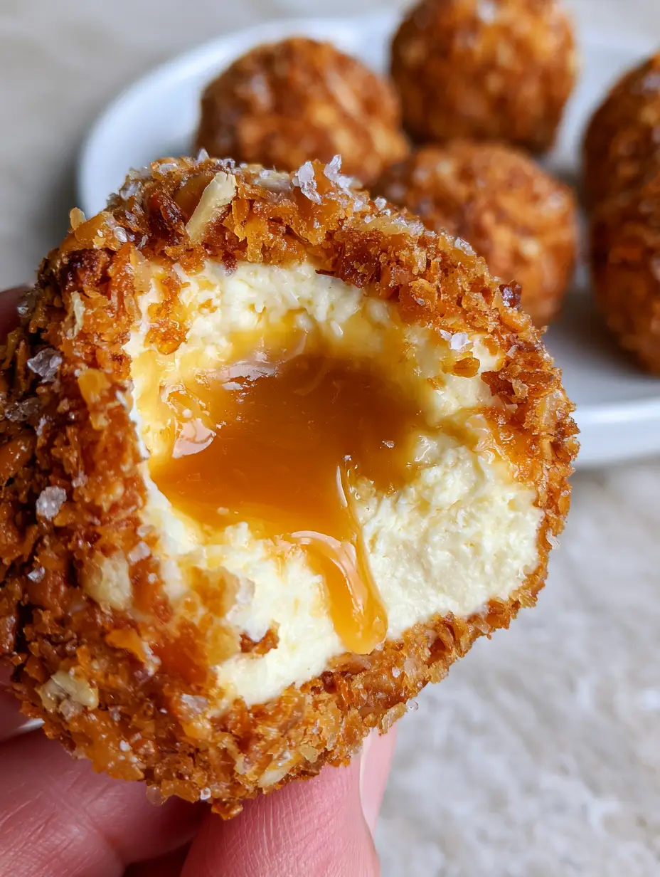 Macro handheld photo of a half-bitten Salted Caramel Pretzel Cheesecake Bite with a dripping liquid amber caramel center held between fingers.