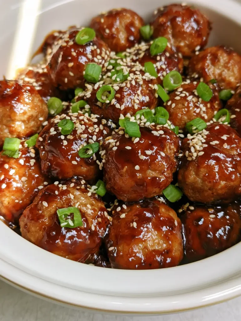 Slow Cooker Teriyaki Meatballs: The Ultimate Glossy and Sticky Crockpot Appetizer 1 A meticulously detailed view of rounded beef meatballs in a thick teriyaki sauce inside a white ceramic crockpot. (Slow Cooker Teriyaki Meatballs)