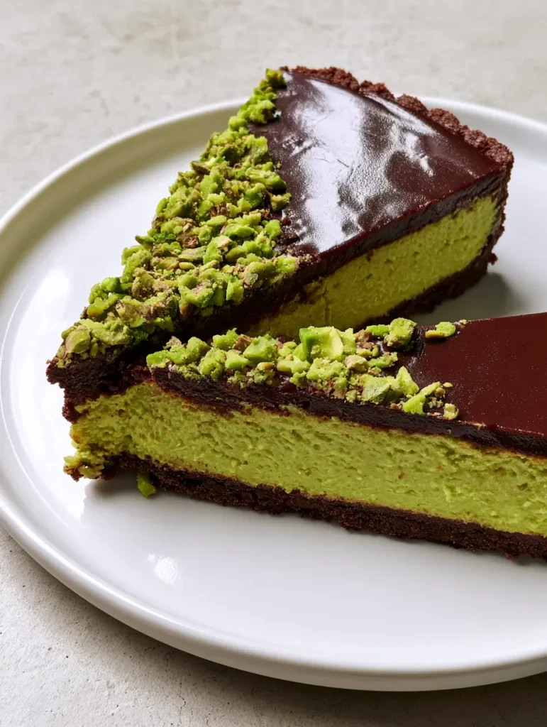 Chocolate Pistachio Tart with a Crisp Cocoa Crust and Glossy Ganache 2 Overhead view of a Chocolate Pistachio Tart showing the reflective dark chocolate ganache and chopped pistachios on a stone background.