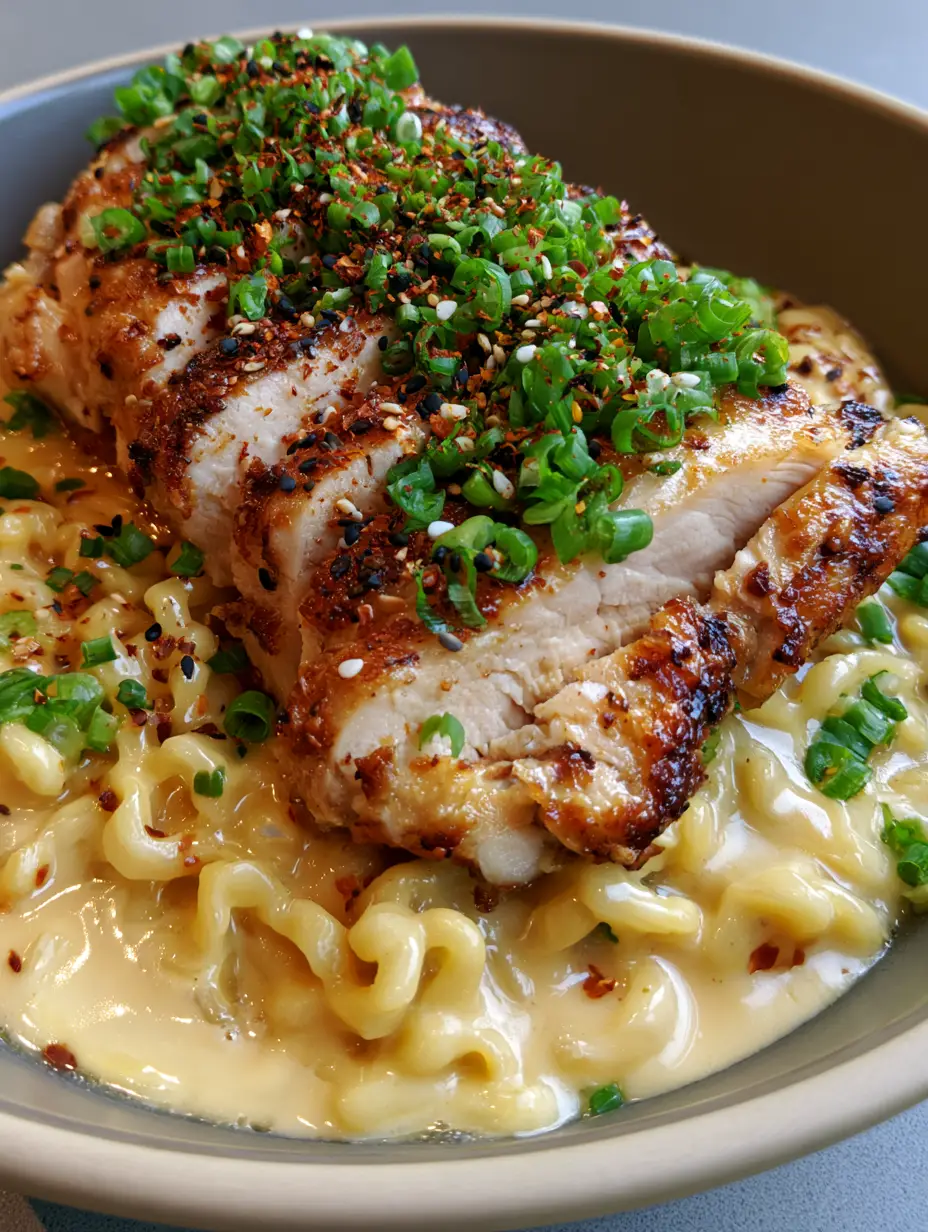Close-up of wavy ramen noodles coated in thick garlic sauce with sliced chicken and scallions. (Chicken Ramen Garlic Sauce)