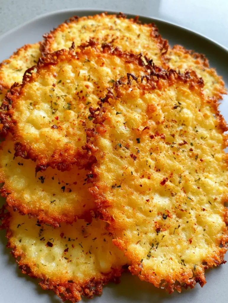 Handheld photo of circular cottage cheese chips on a grey surface showing bubbly texture and lacy edges. (Crispy Cottage Cheese Chips)