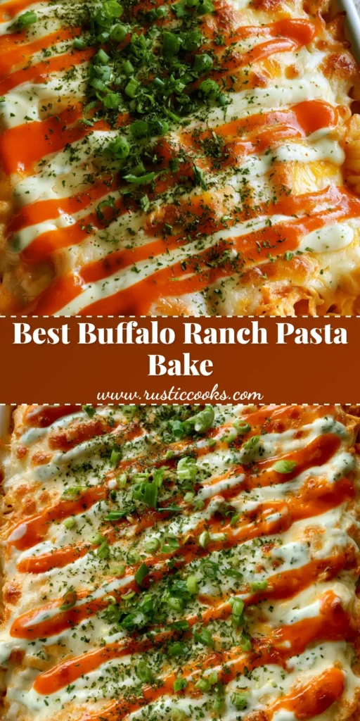 Top-down view of Buffalo Ranch Chicken Pasta Bake in a white ceramic dish featuring toasted cheese bubbles, zigzag sauce drizzles, and green onions.