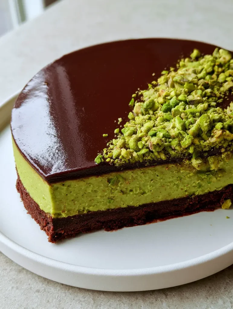 Chocolate Pistachio Tart with a Crisp Cocoa Crust and Glossy Ganache 1 Macro shot of the thin cocoa shortcrust and the dense lime-green pistachio filling of the Chocolate Pistachio Tart.