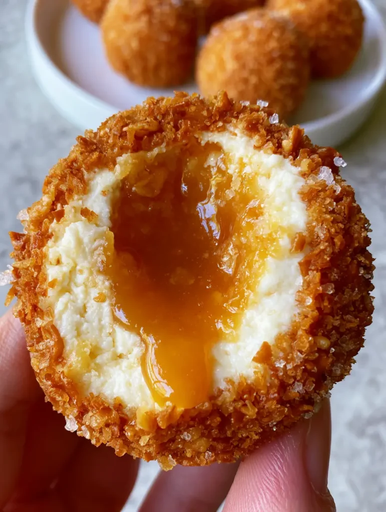 Detailed view of the jagged pretzel shards and translucent sea salt flakes on the exterior of a Salted Caramel Pretzel Cheesecake Bite.