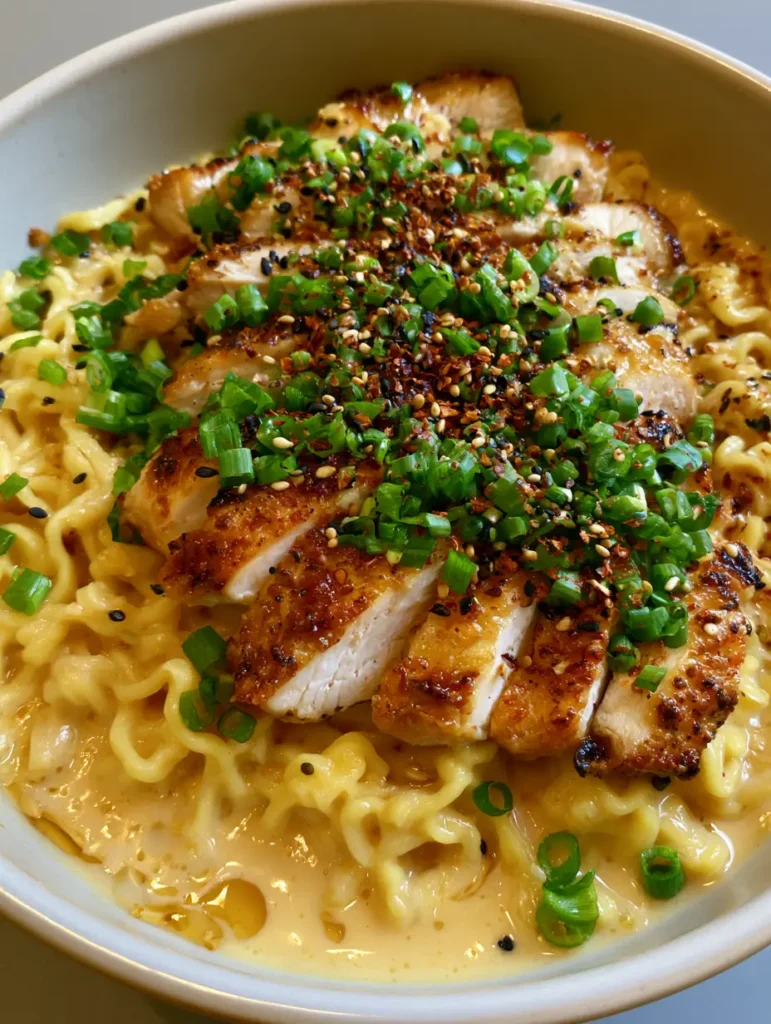 Overhead view of Chicken Ramen Garlic Sauce garnished with sesame seeds and chili flakes in a grey ceramic bowl.