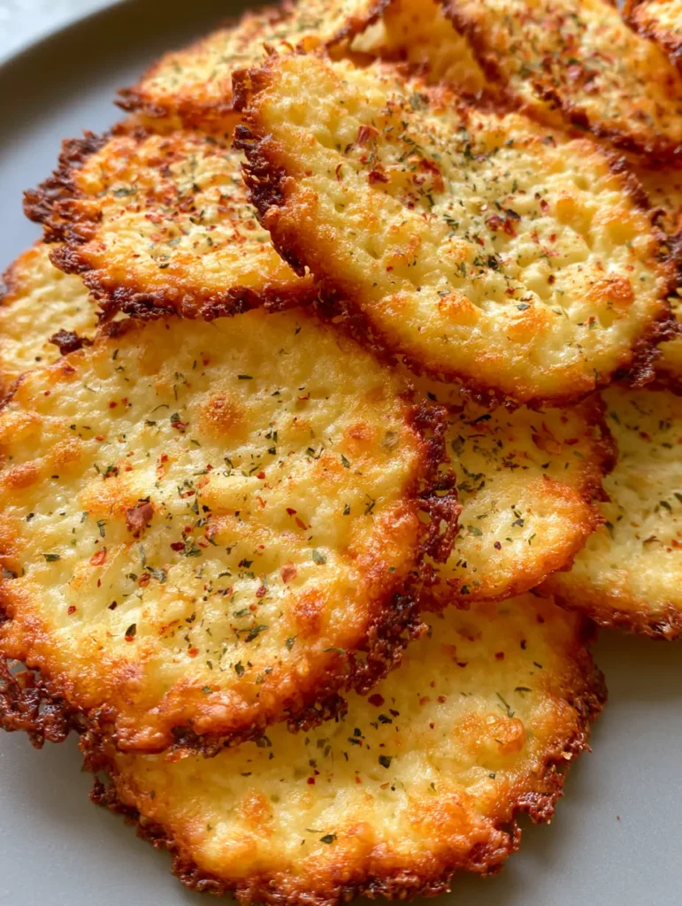 Crispy Cottage Cheese Chips: The Ultimate High-Protein Crunchy Snack Guide 1 Casual plating of thin Crispy Cottage Cheese Chips stacked slightly overlapping on a kitchen counter.